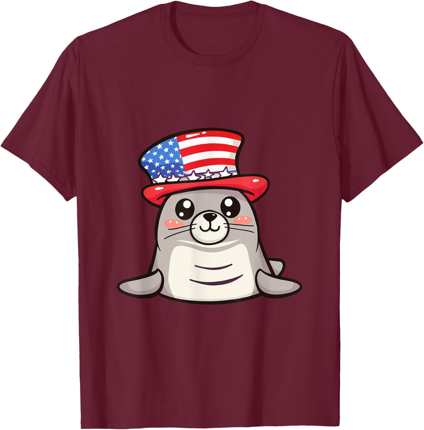 Cute Seal USA Flag | 4th Of July T-Shirt - T-Shirt | Maroon