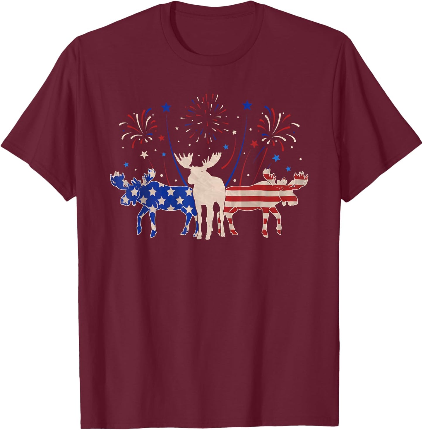 Three Moose 4th of July Patriotic American Flag T-Shirt - T-Shirt | Maroon