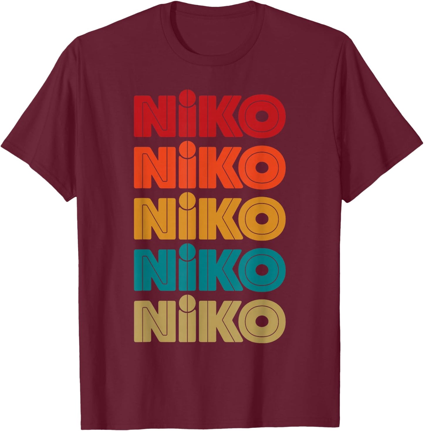 Niko Name, Retro Given Name Colorful Inline Font T-Shirt - T-Shirt | Maroon