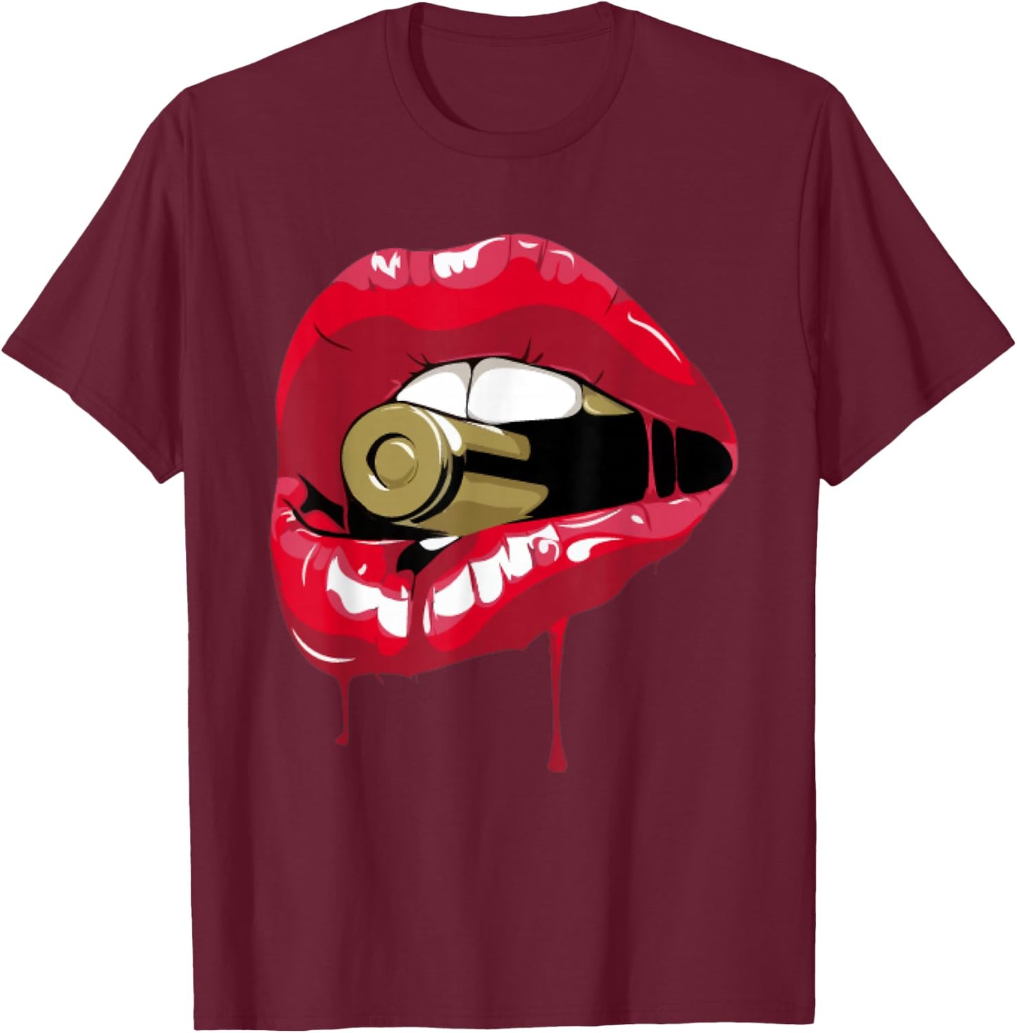 Red Lips Bullet Biting T-Shirt - T-Shirt | Maroon