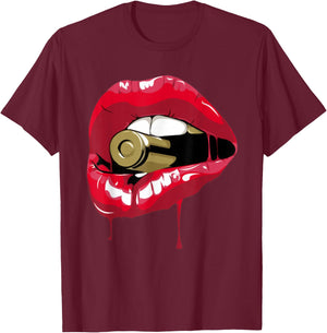 Red Lips Bullet Biting T-Shirt - T-Shirt | Maroon