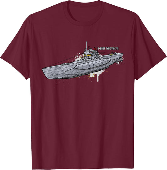 U-Boot Type VII/C/41 WWII Submarine Kriegsmarine , Black, S T-Shirt - T-Shirt | Maroon