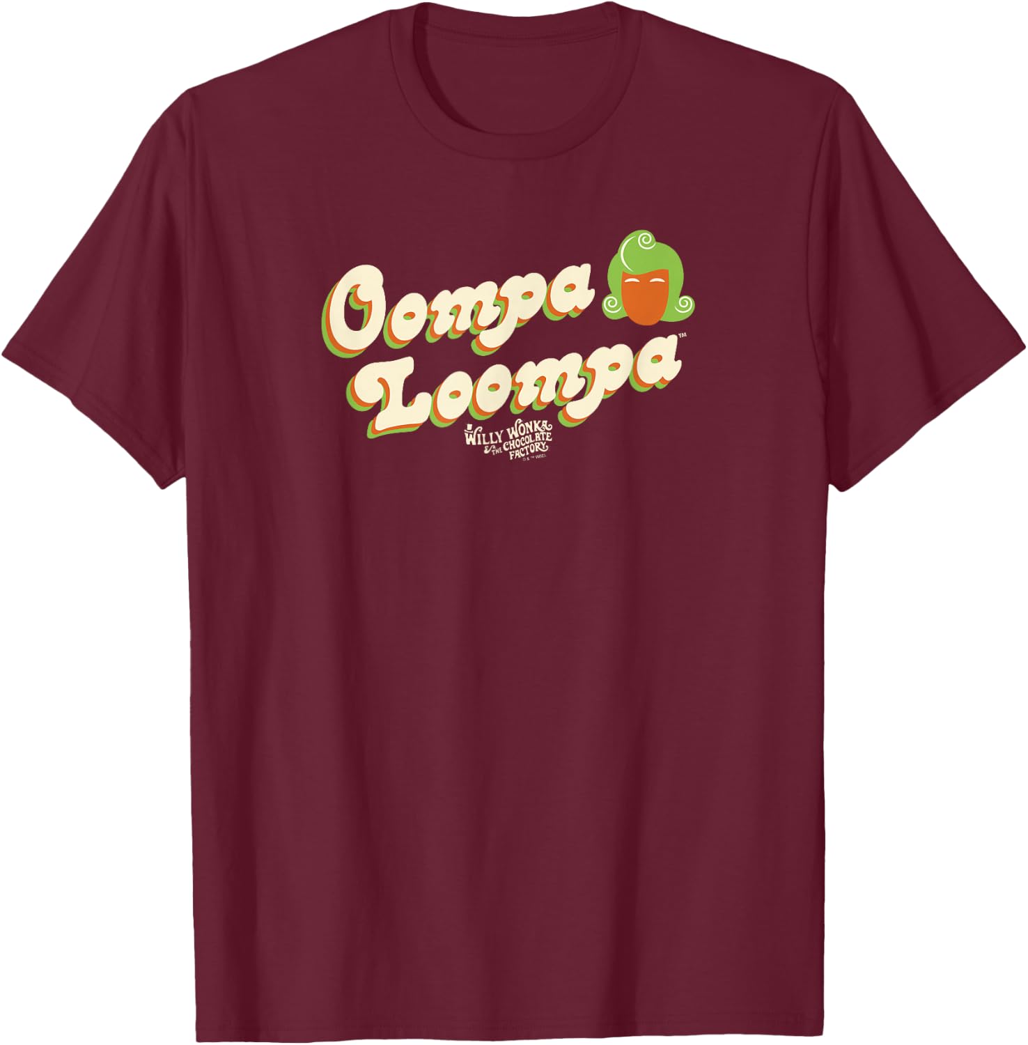 Willy Wonka And The Chocolate Factory Oompa Loompa Retro - , Black, Small, Short Sleeve, , Classic Fit, Solid Colors: 100% Cotton T-Shirt - T-Shirt | Maroon