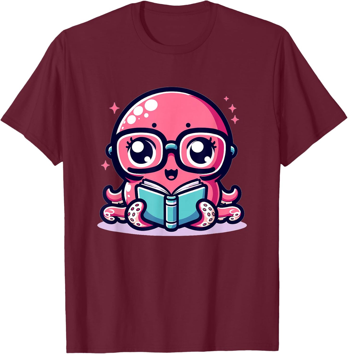 Adorable Book Lover Octopus With Reading Glasses Cute T-Shirt - T-Shirt | Maroon