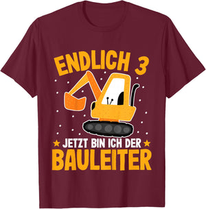 Children's Excavator 3 Years Boy | Boys 3rd Birthday Digger , black T-Shirt - T-Shirt | Maroon