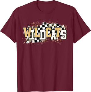 Wildcats Checkered Print Gold Wildcat Pride mascot school T-Shirt - T-Shirt | Maroon