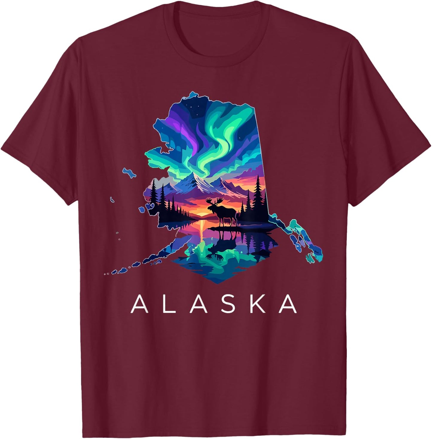 Alaska Moose Animal Alaskan Map T-Shirt - T-Shirt | Maroon