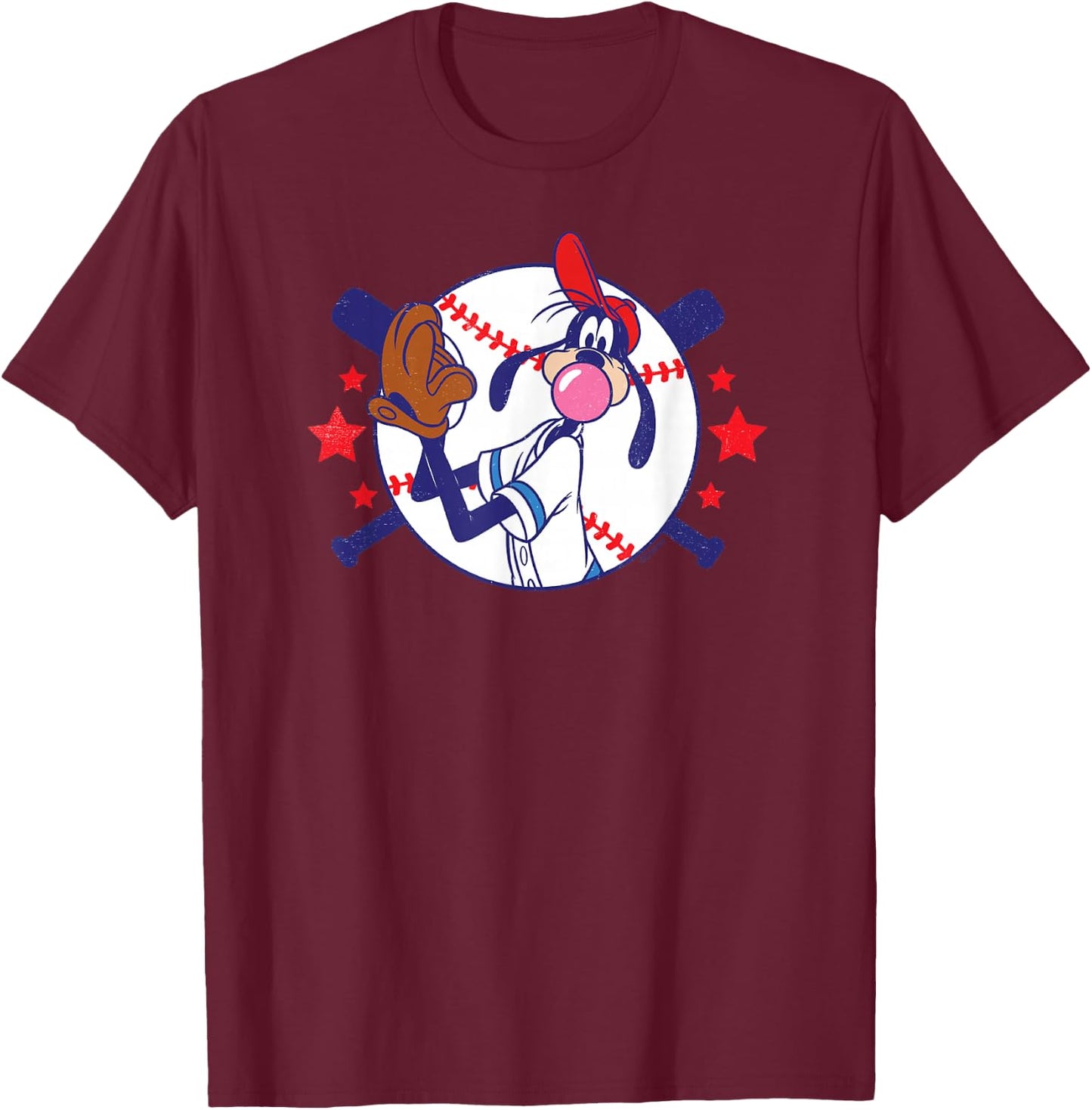 Disney Goofy Baseball Pitcher Bubble Gum Distressed T-Shirt - T-Shirt | Maroon