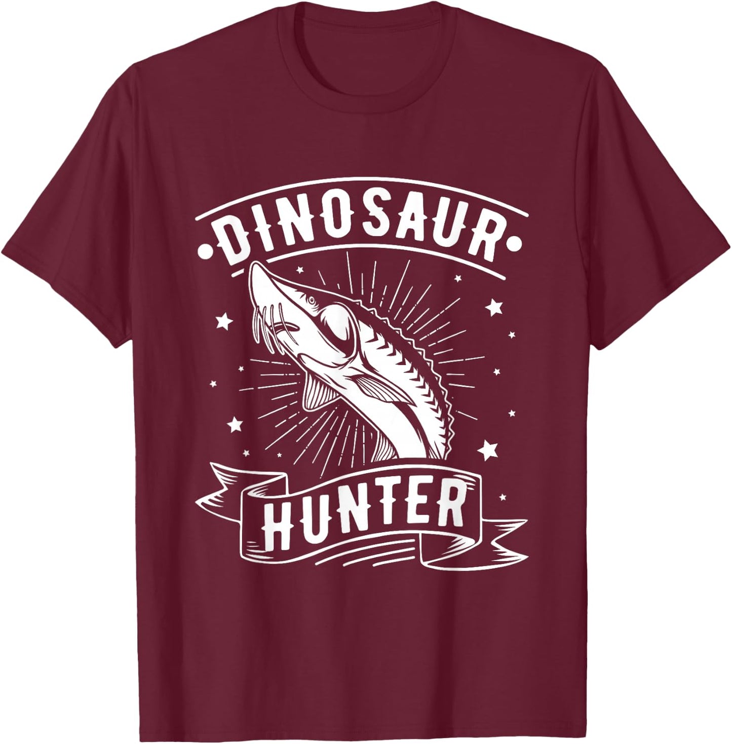 Dinosaur Hunter - Sturgeon Fishing T-Shirt - T-Shirt | Maroon