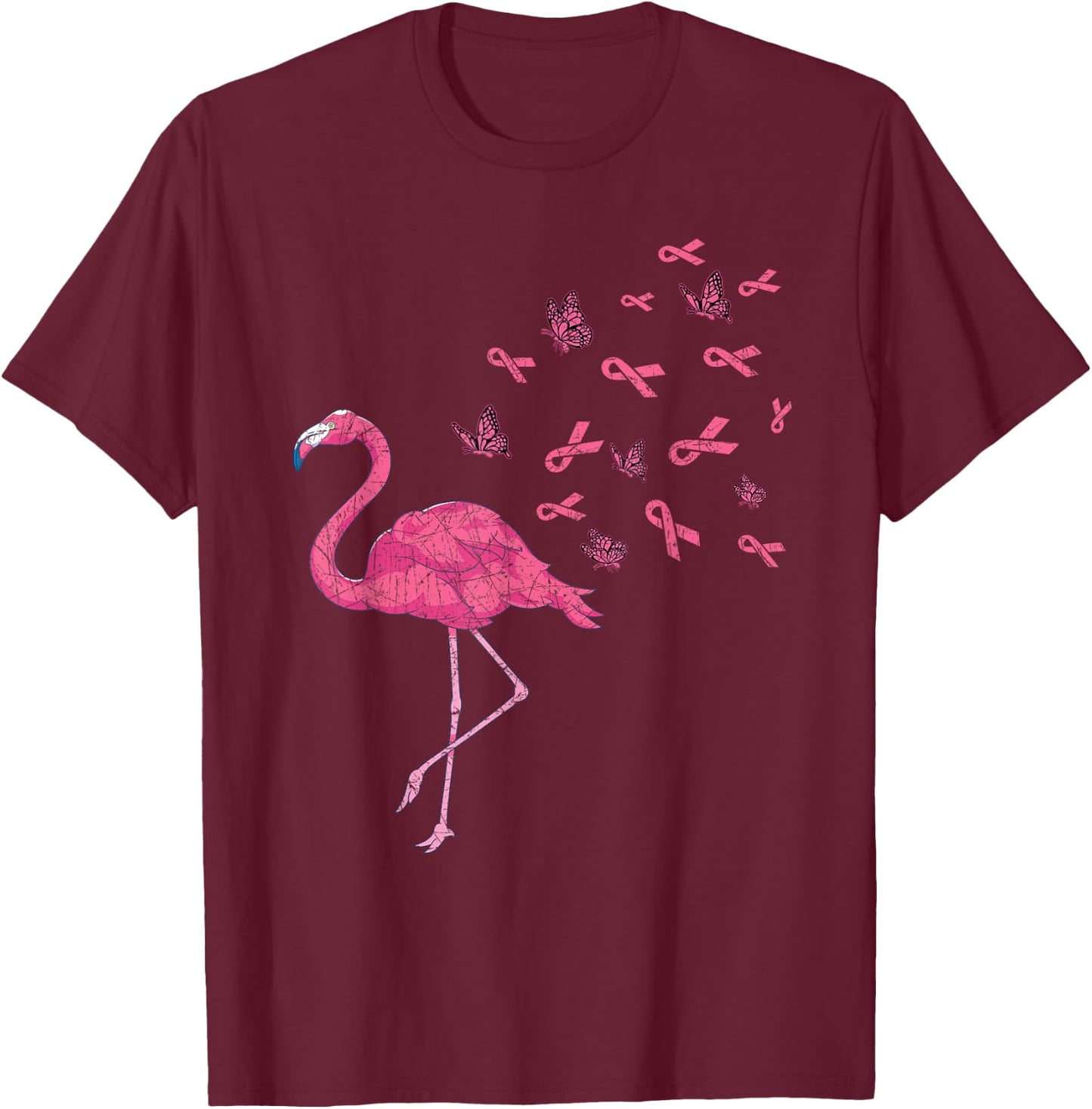 Exotic Bird Flamingo Pink Ribbon Breast Cancer Awareness T-Shirt - T-Shirt | Maroon