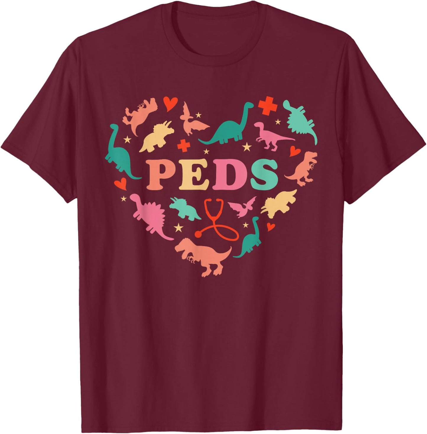 Pediatric Nurse Crew Cute Colorful Dinosaur Heart PEDS Squad T-Shirt - T-Shirt | Maroon