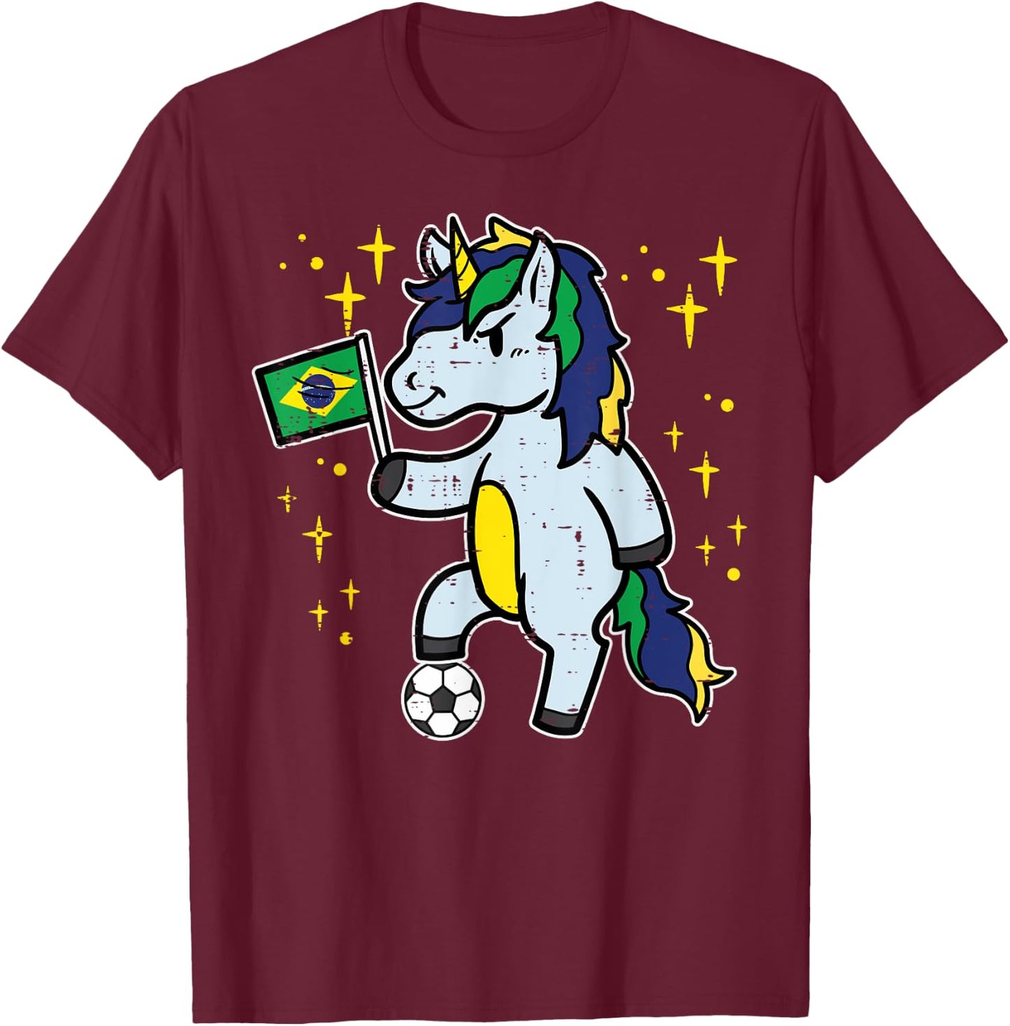 Brazil Flag Unicorn Football Soccer Fan Women Girls Kids T-Shirt - T-Shirt | Maroon