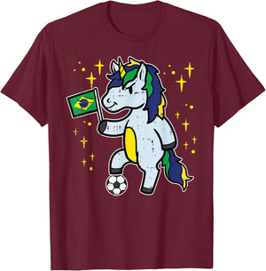 Brazil Flag Unicorn Football Soccer Fan Women Girls Kids T-Shirt - T-Shirt | Maroon