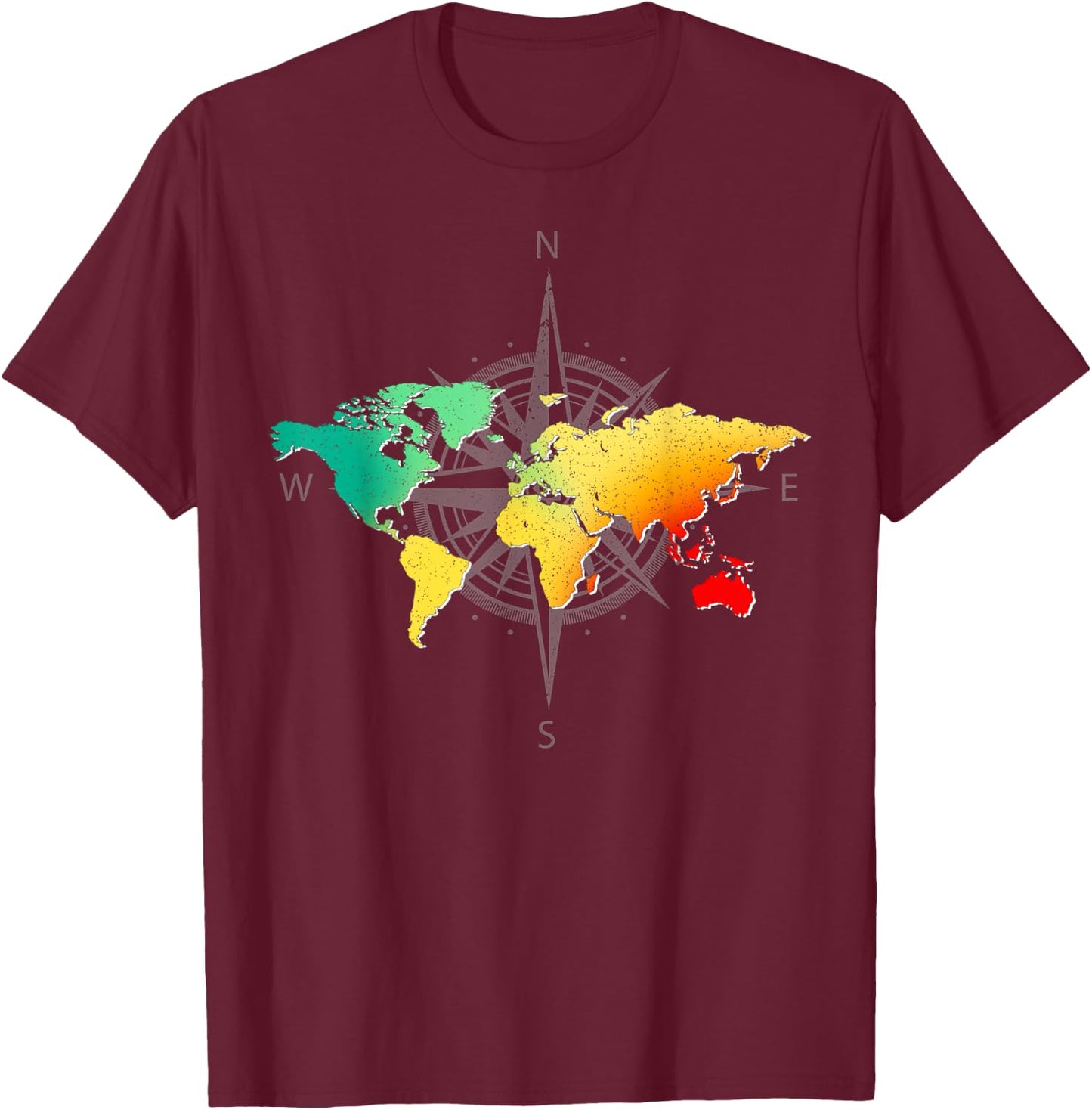 Compass Globe World Travel Colourful World Map, black, s T-Shirt - T-Shirt | Maroon