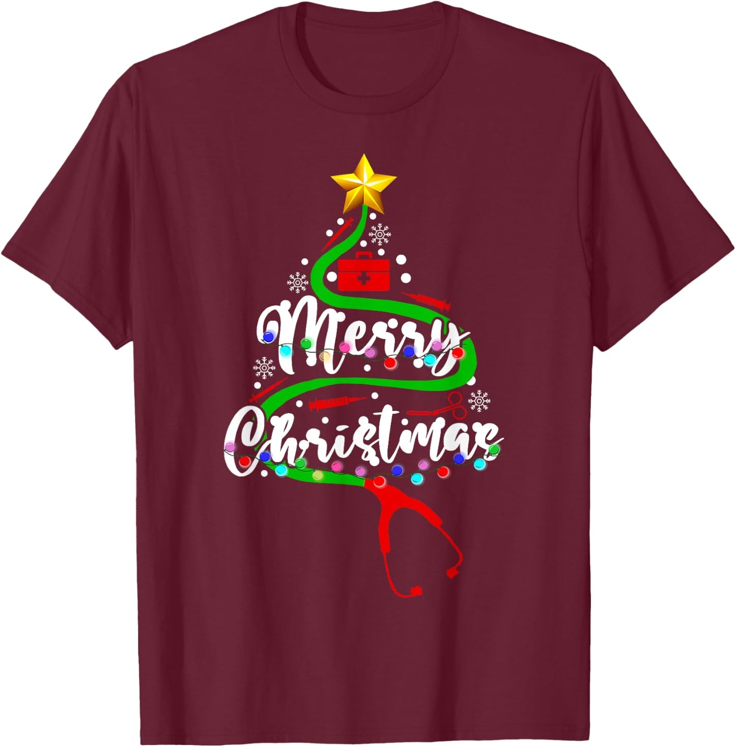 Funny Stethoscope Christmas Tree Nursing Scrub NICU RN LPN T-Shirt - T-Shirt | Maroon