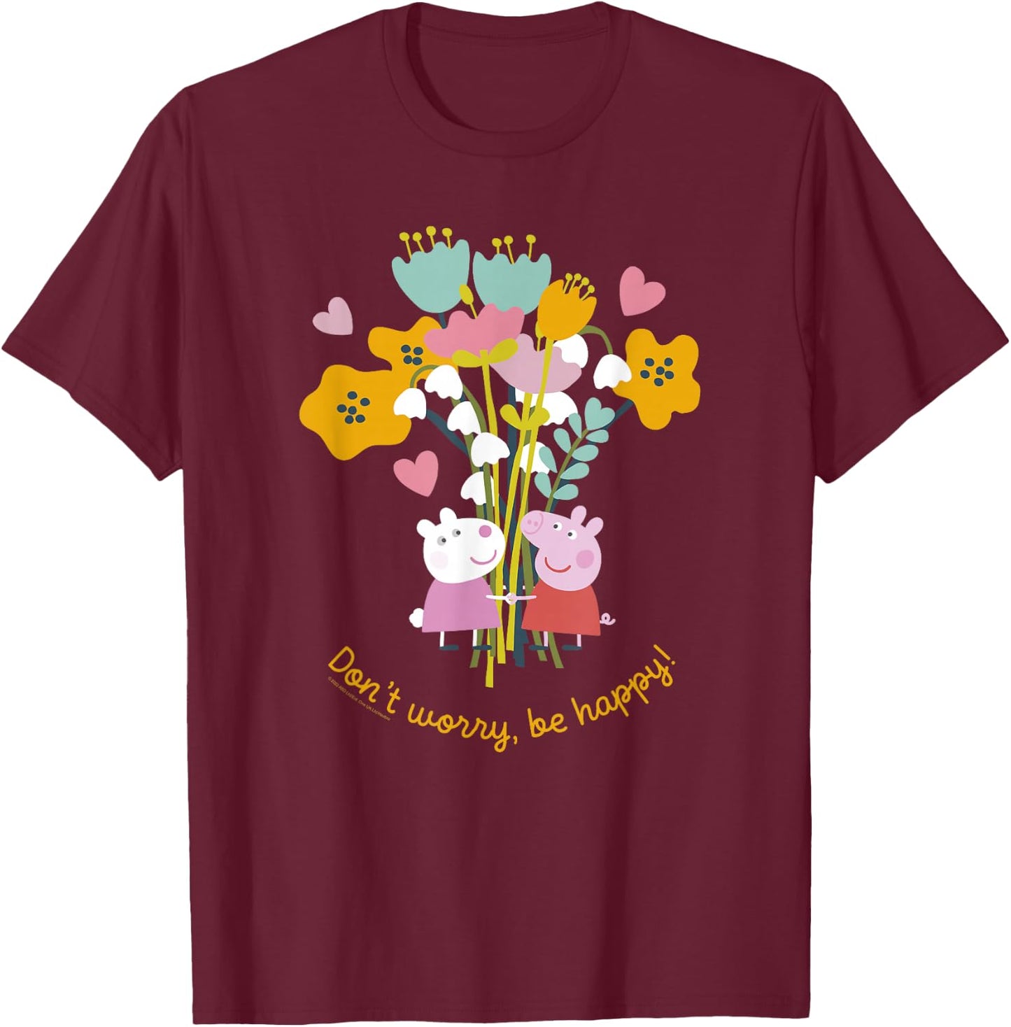 Peppa Pig Don't Worry Be Happy Floral Logo T-Shirt - T-Shirt | Maroon