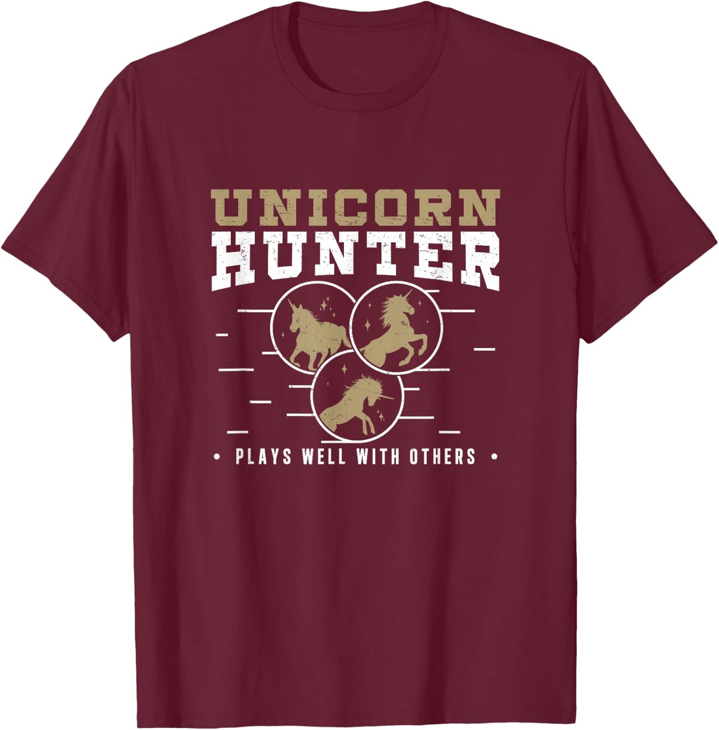 Funny Unicorn Hunter Plays Well With Others Polyamory Couple T-Shirt - T-Shirt | Maroon