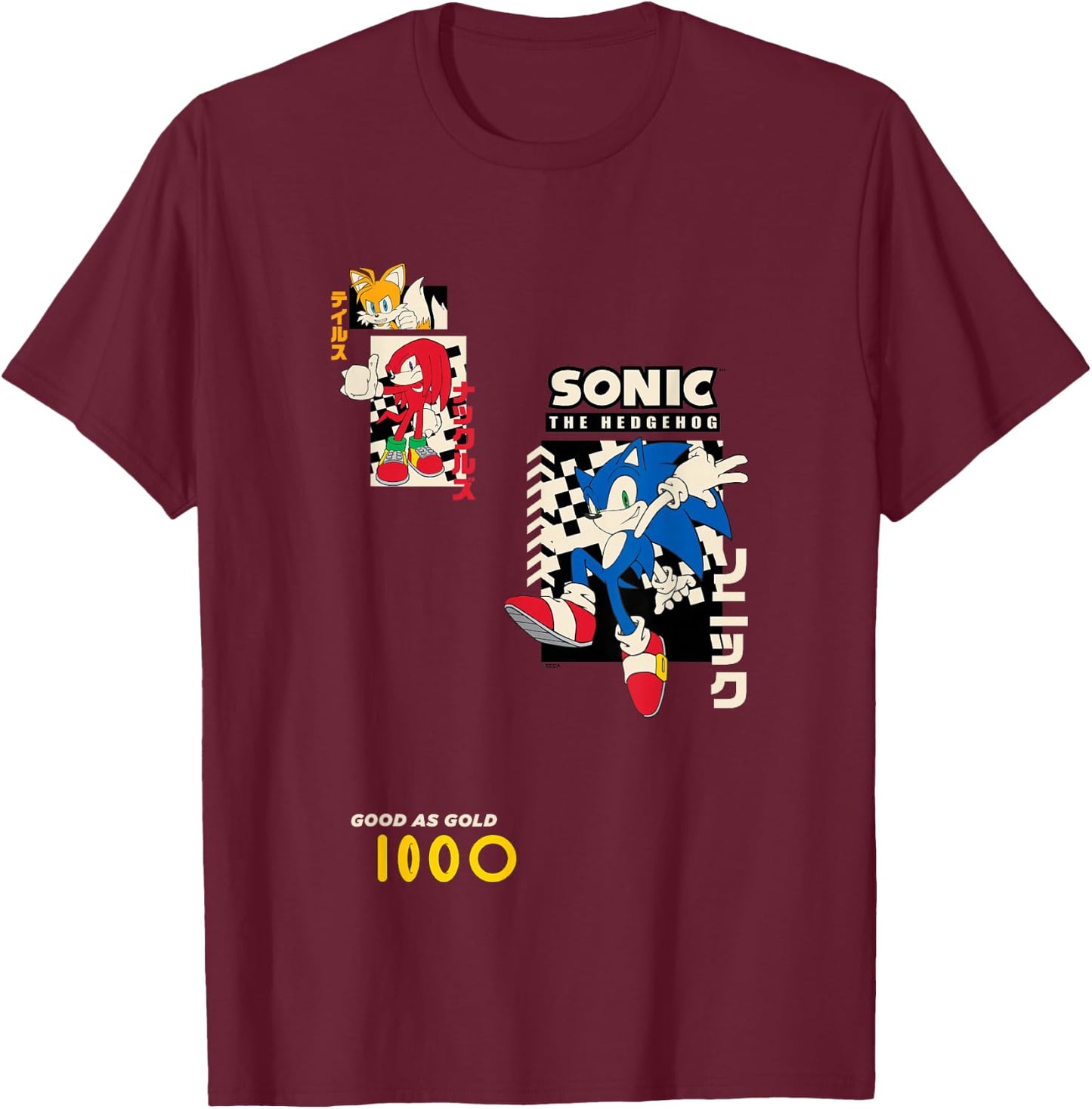 Sonic The Hedgehog Good As Gold Vintage Kanji Panels T-Shirt - T-Shirt | Maroon