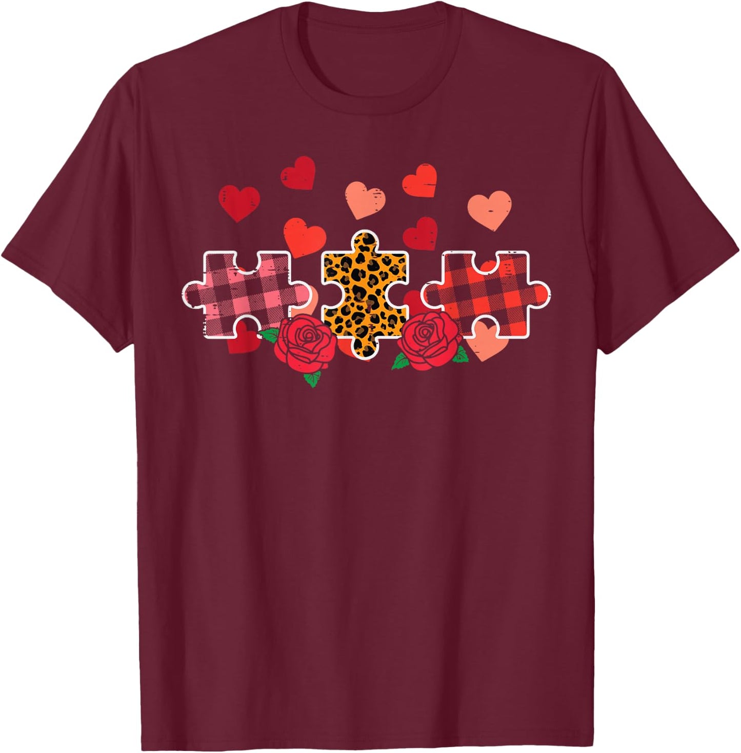 Valentines Day Leopard Plaid Autism Puzzle Women Girls Kids T-Shirt - T-Shirt | Maroon
