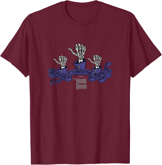The Haunted Mansion Beware Hitchhiking Ghosts Retro Logo T-Shirt - T-Shirt | Maroon
