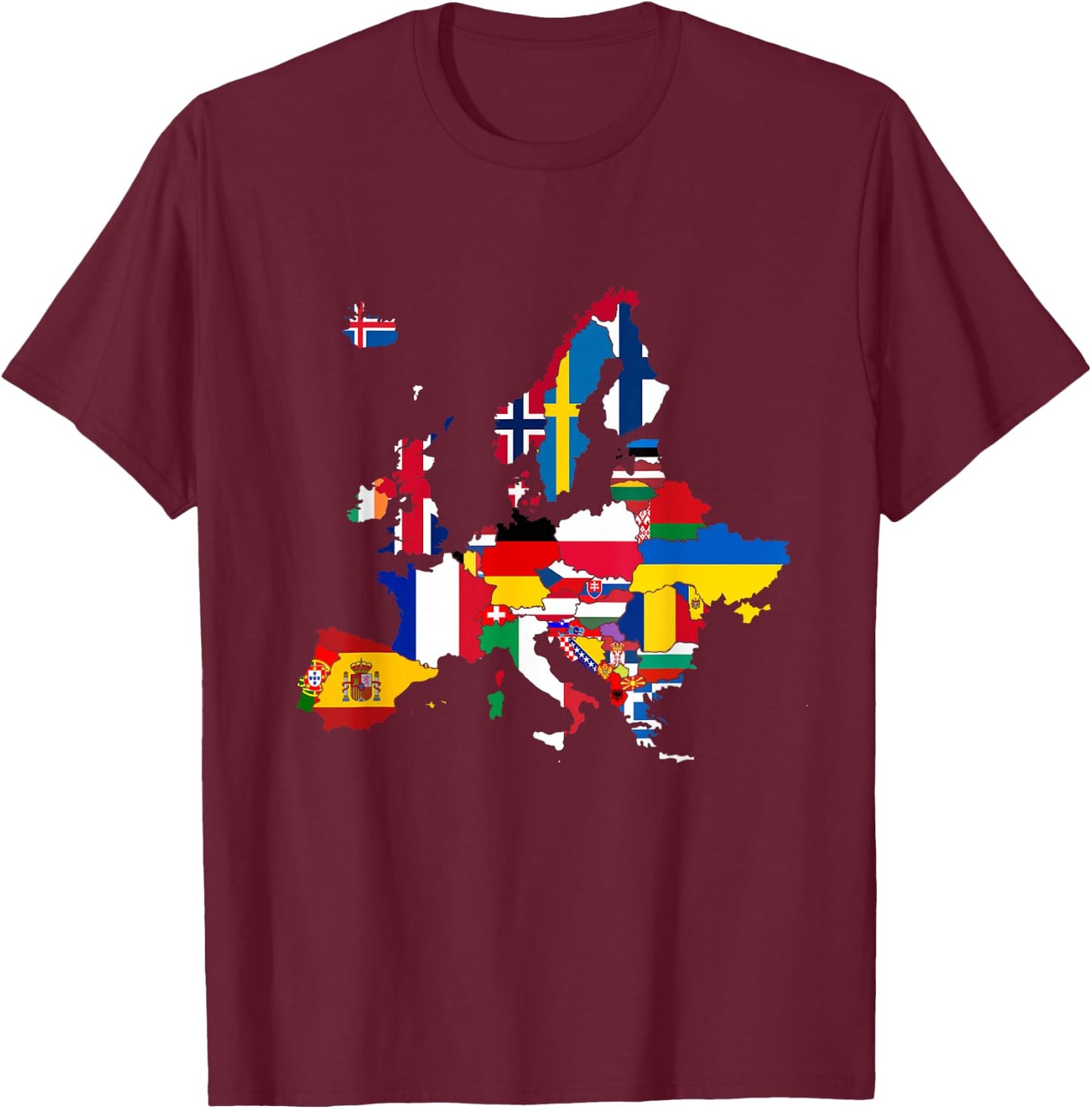 Europe, European flags, European flags, map of Europe. T-Shirt - T-Shirt | Maroon
