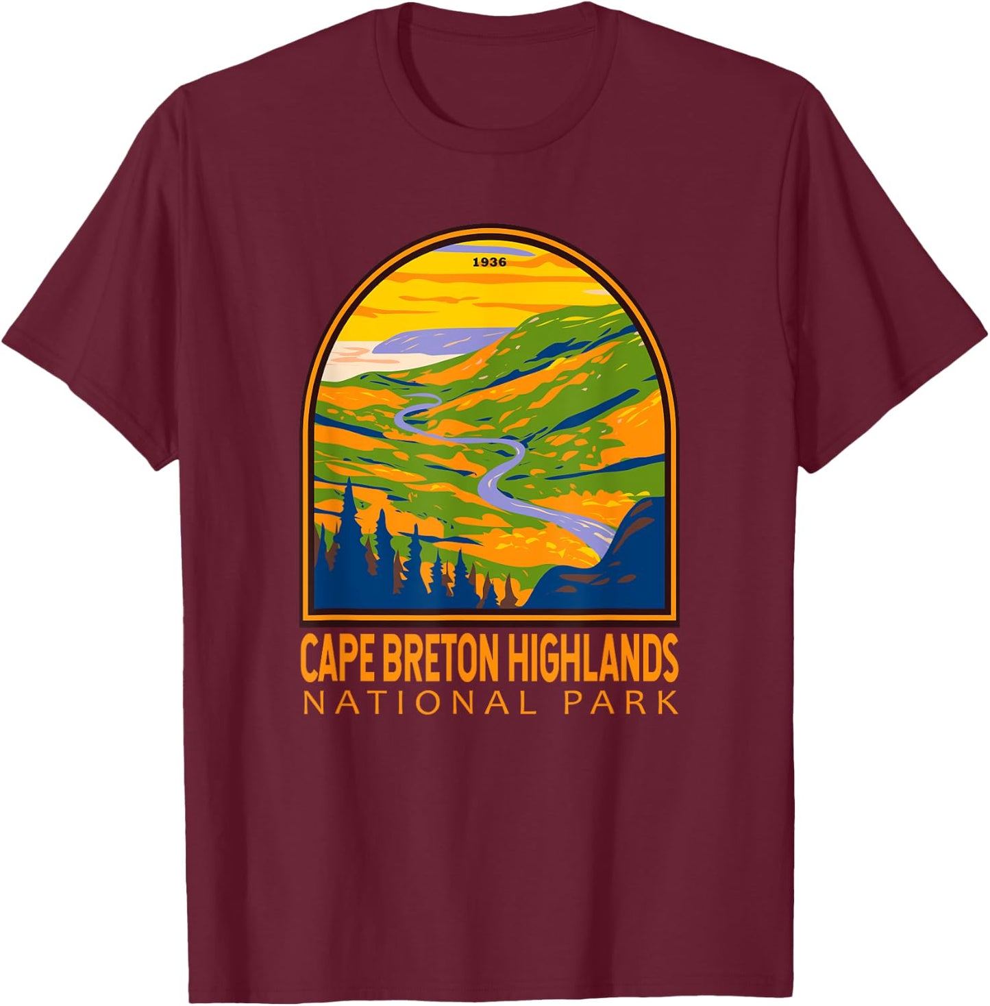 Cape Breton Highlands National Park Canada Vintage Emblem T-Shirt - T-Shirt | Maroon