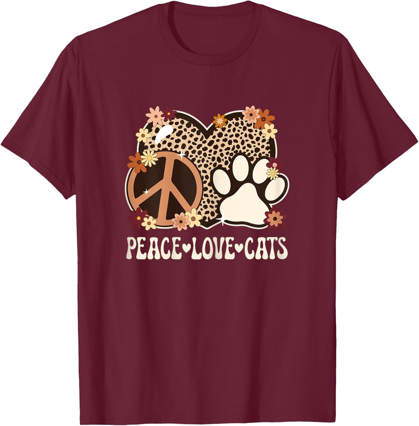 Peace Love Cats Cheetah Print Women Girl Cat Owner Cat Lover T-Shirt - T-Shirt | Maroon
