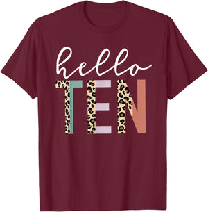 Hello Ten 10-Year-Old 10th Birthday Girl Leopard Print T-Shirt - T-Shirt | Maroon