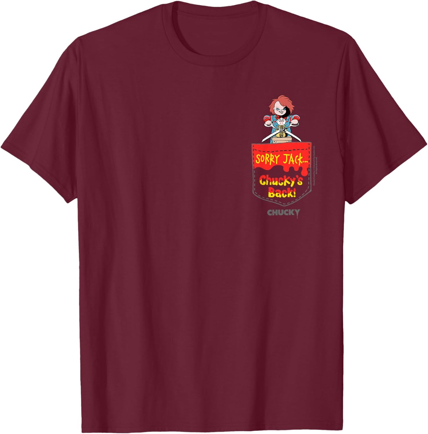 Chucky Sorry Jack…chucky’s Back Faux Pocket T-Shirt - T-Shirt | Maroon