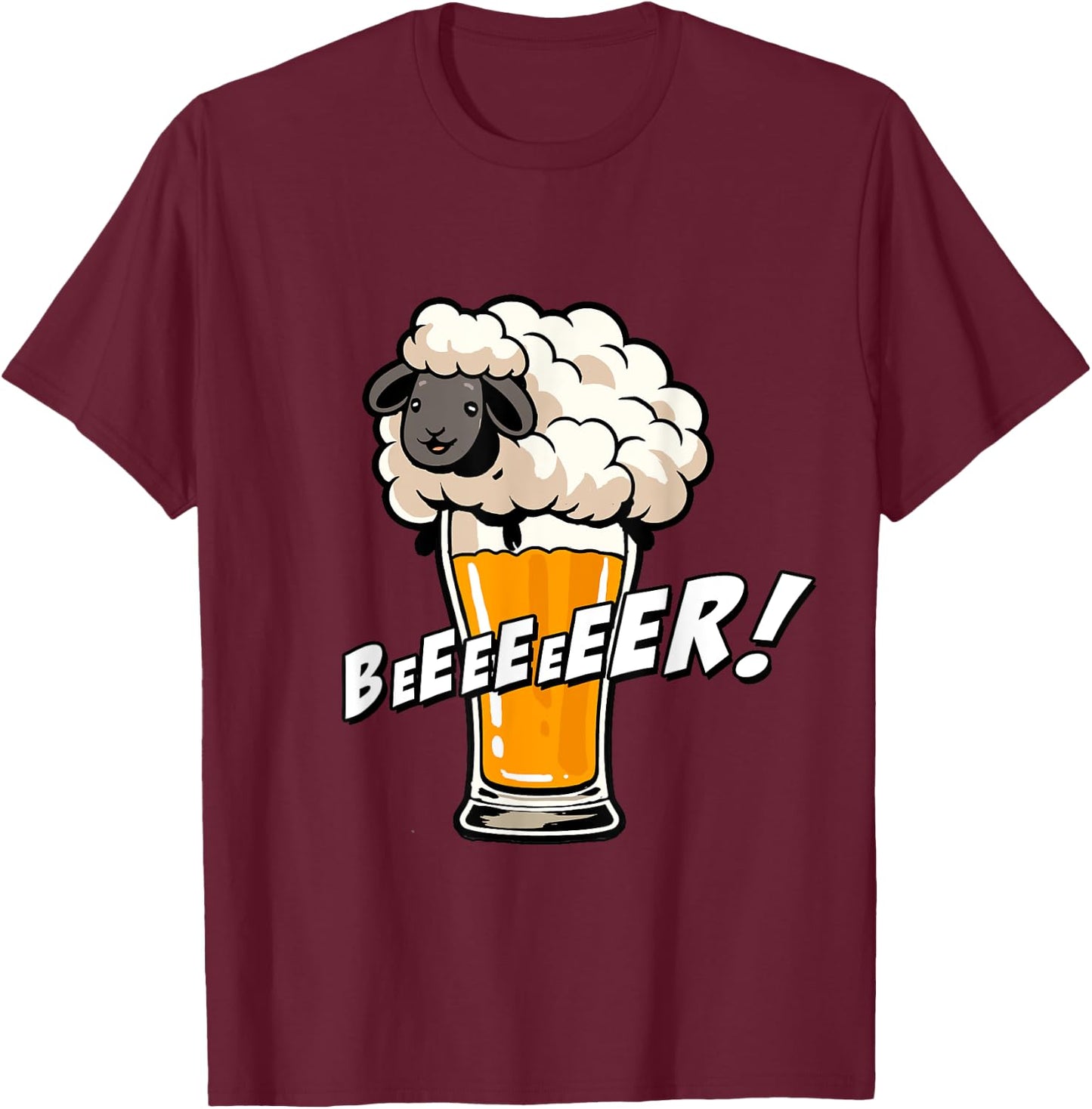 Funny Word Game Illustration Beeeer Sheep And Beer , Black, S T-Shirt - T-Shirt | Maroon