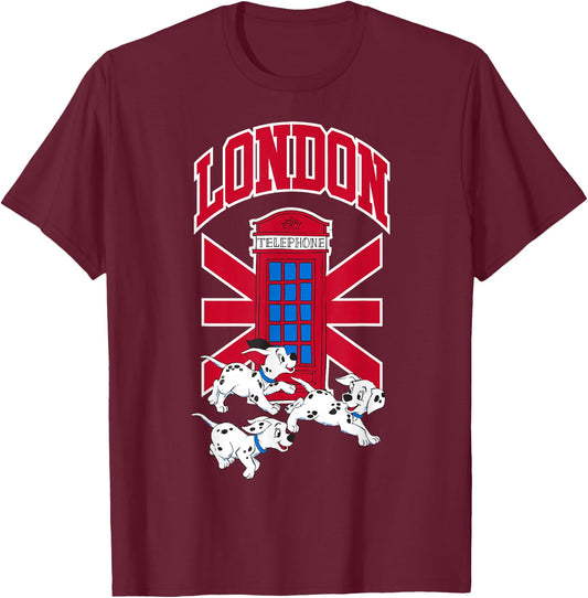 Disney 101 Dalmatians London Telephone Playful Puppies T-Shirt - T-Shirt | Maroon