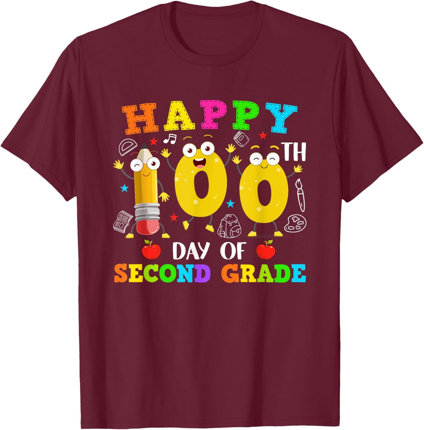 Funny Pencil 100 Days Of Second Grade Students Teacher Kids T-Shirt - T-Shirt | Maroon