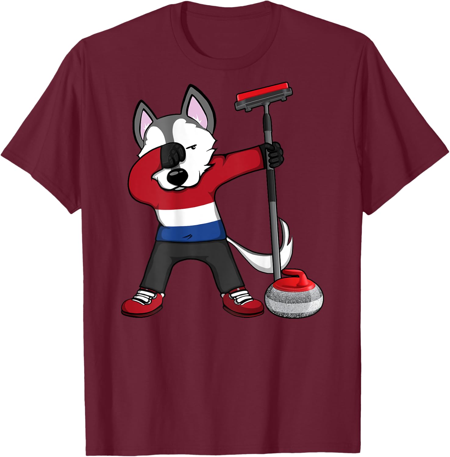 Dabbing Husky Netherlands Curling Lovers Jersey Winter Sport T-Shirt - T-Shirt | Maroon