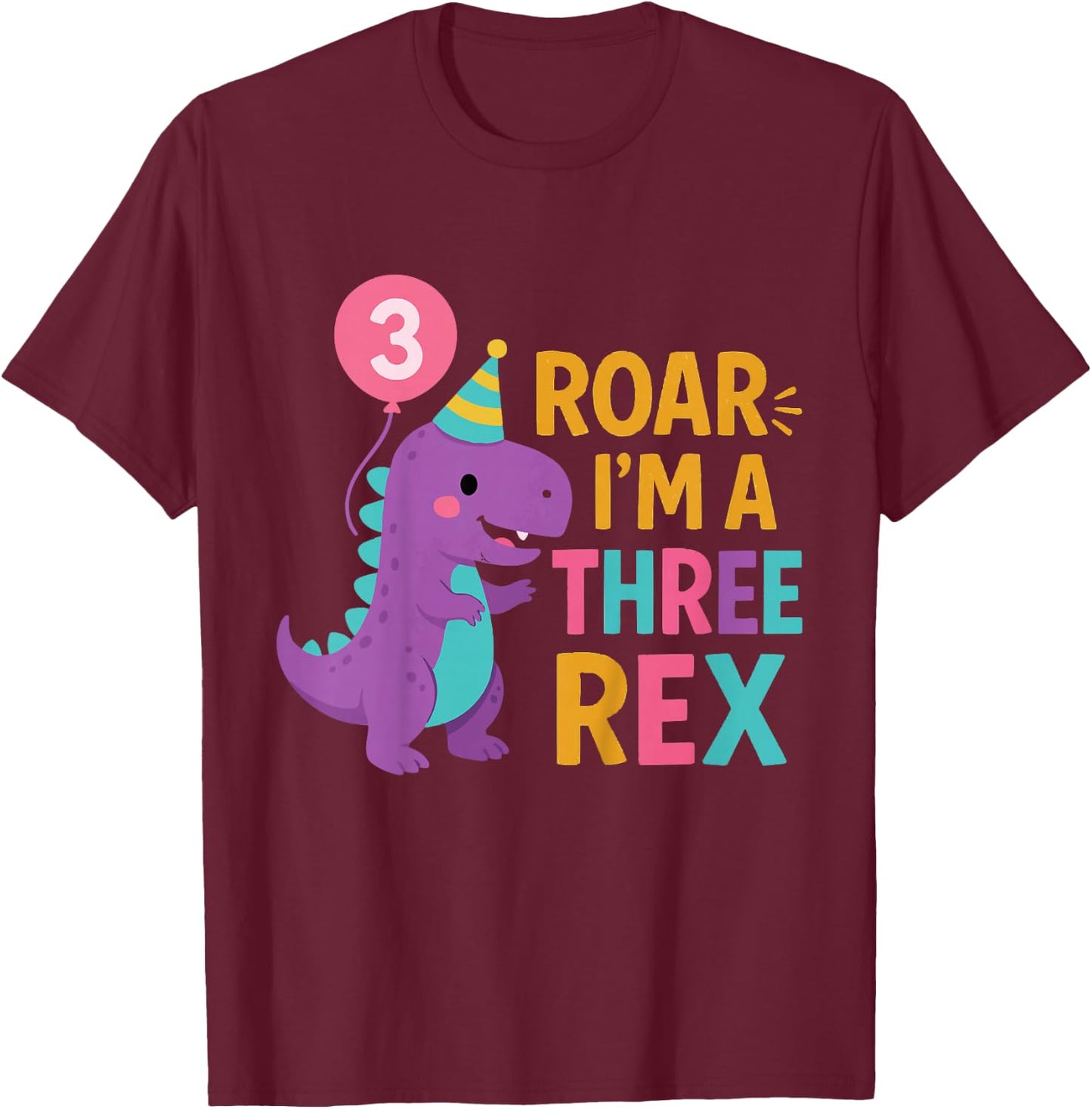 Kids 3rd Birthday Dinosaur Girl T-Rex Matching Family Party Three T-Shirt - T-Shirt | Maroon