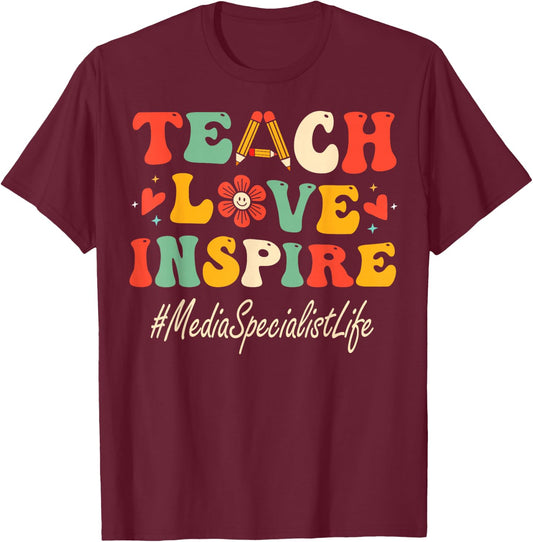 Media Specialist Teach Love Inspire Groovy Bach to School T-Shirt - T-Shirt | Maroon