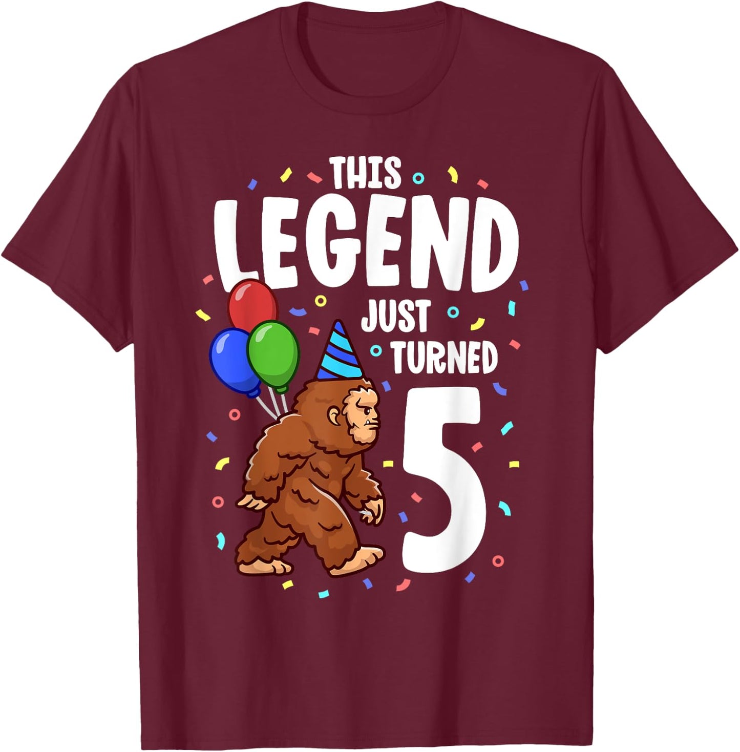 Bigfoot Birthday Party 5 Years Old Sasquatch Theme Boys T-Shirt - T-Shirt | Maroon