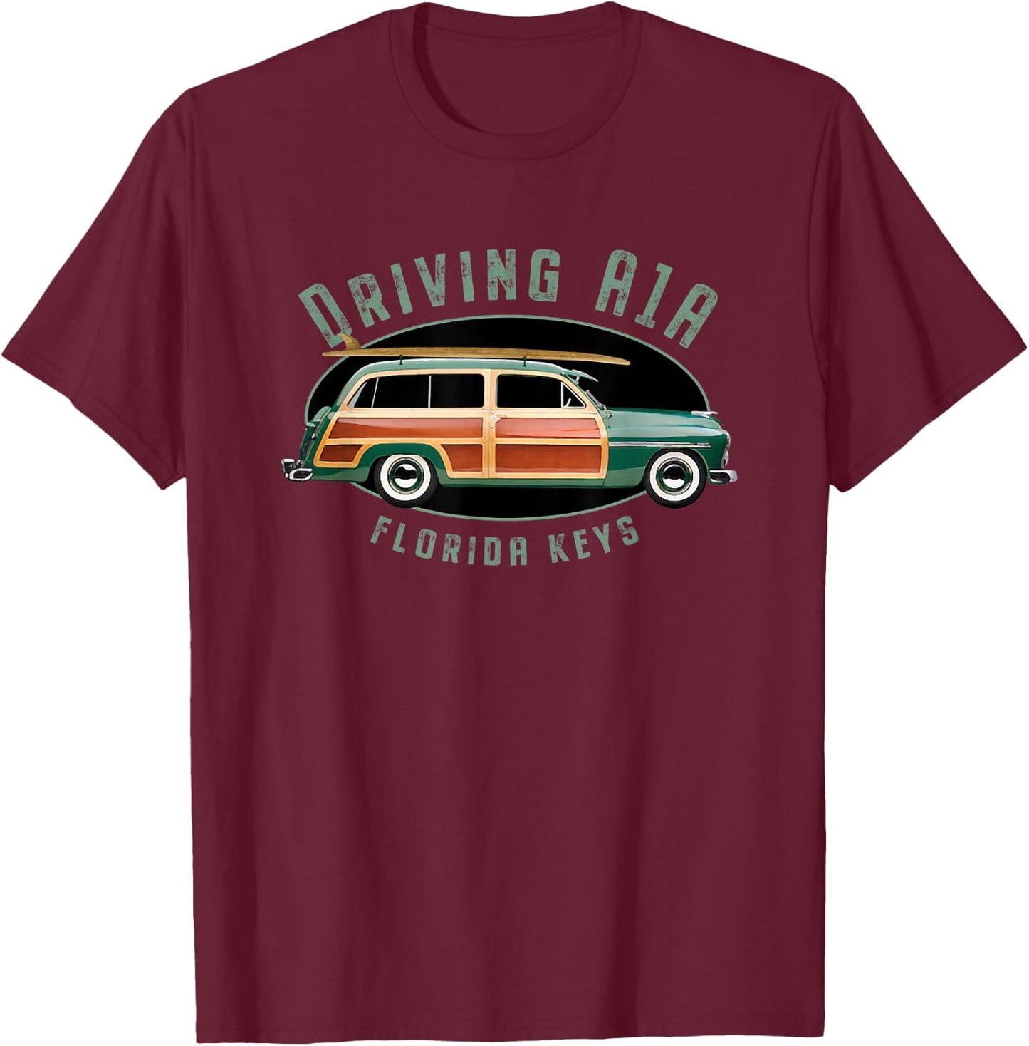 Driving A1A down the Florida Keys Vintage Surfing Design. T-Shirt - T-Shirt | Maroon