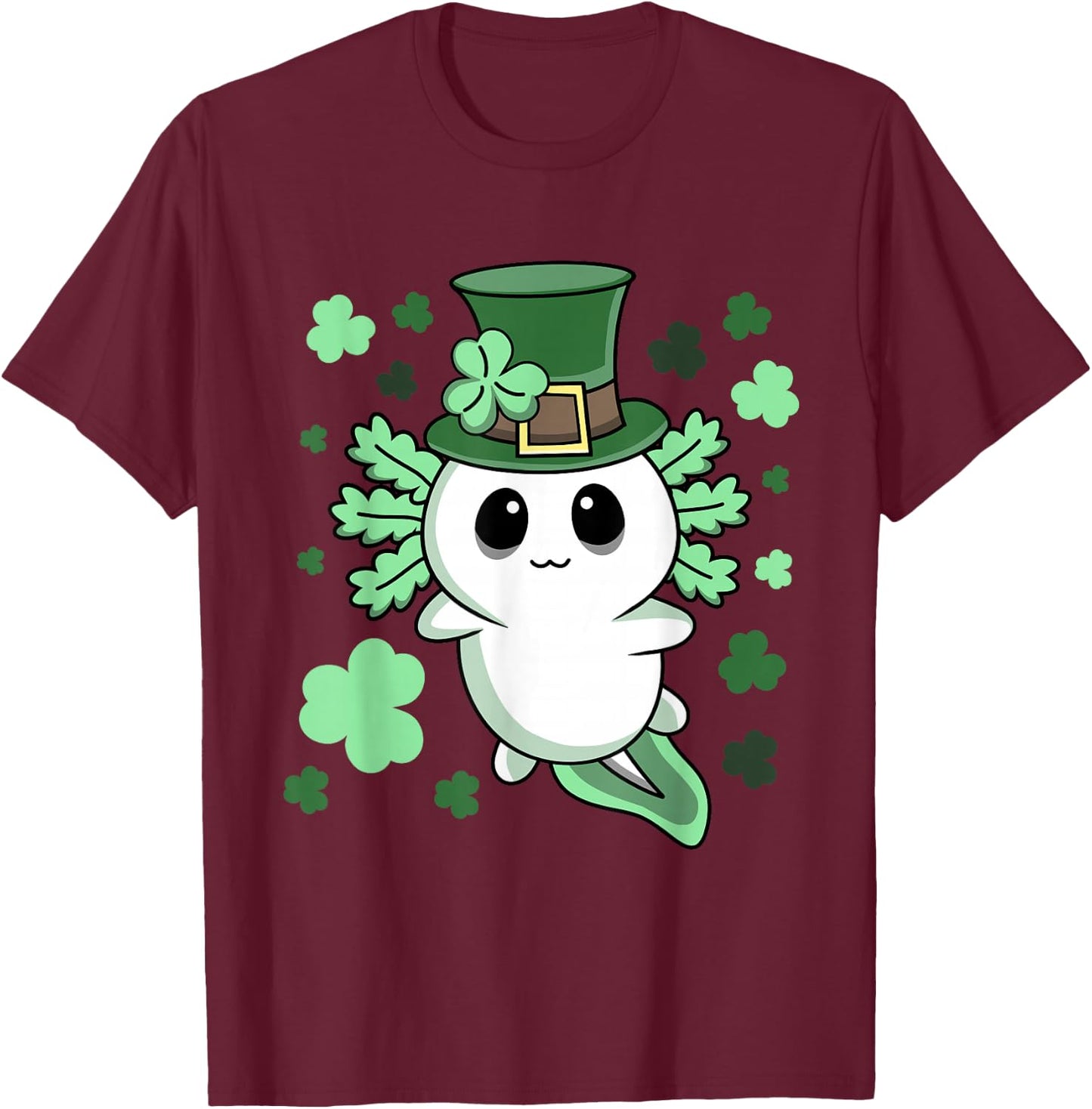 Cute Kawaii Irish St. Patrick's Day Axolotl T-Shirt - T-Shirt | Maroon