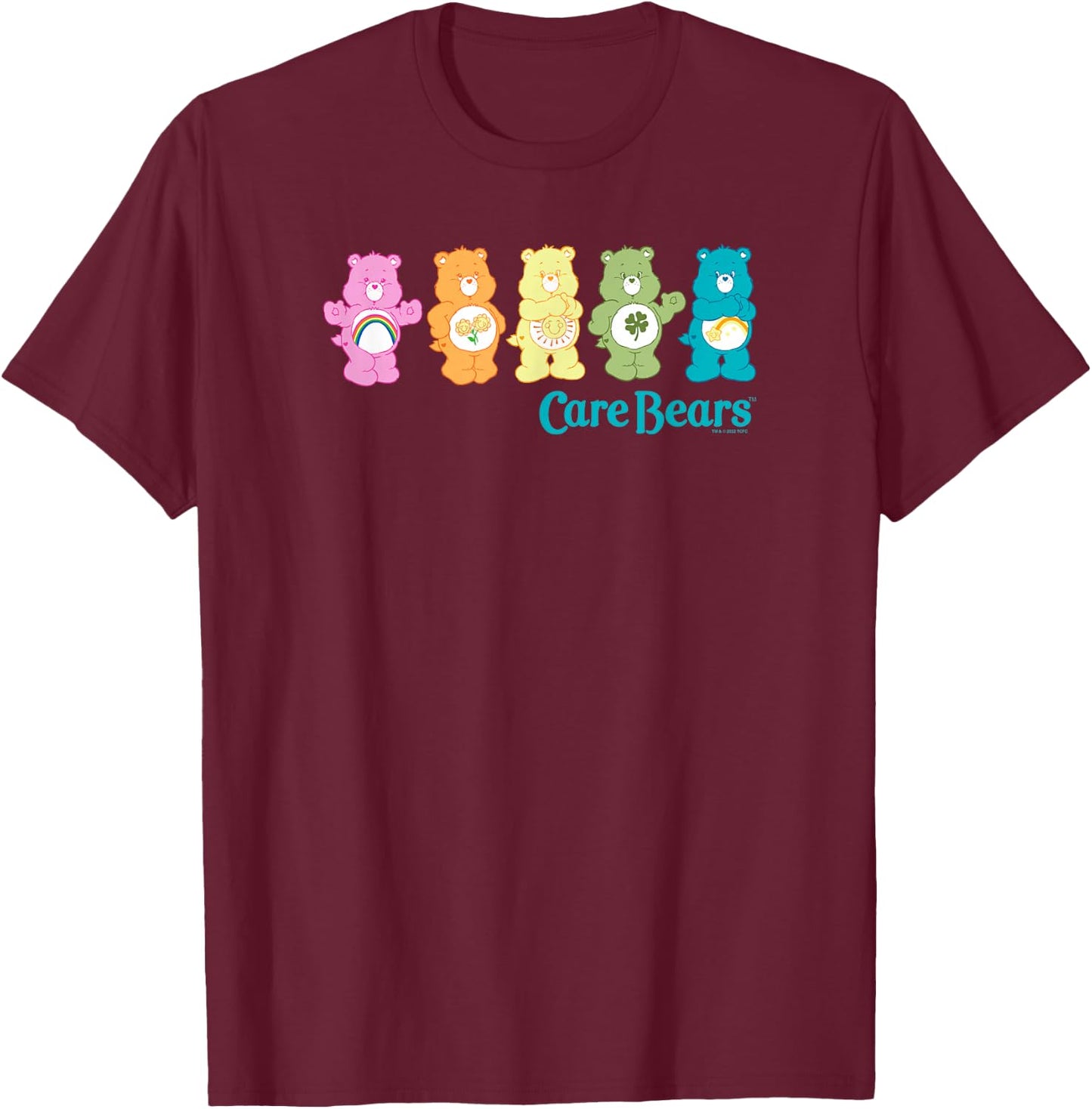 Care Bears Classic Vintage Rainbow Bears Line Up Logo , Black, S T-Shirt - T-Shirt | Maroon