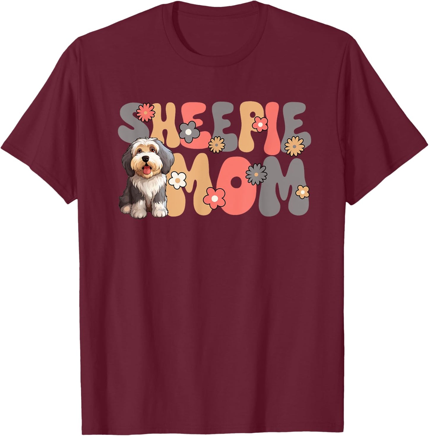 Old English Sheepdog Groovy World's Best Sheepie Mom T-Shirt - T-Shirt | Maroon