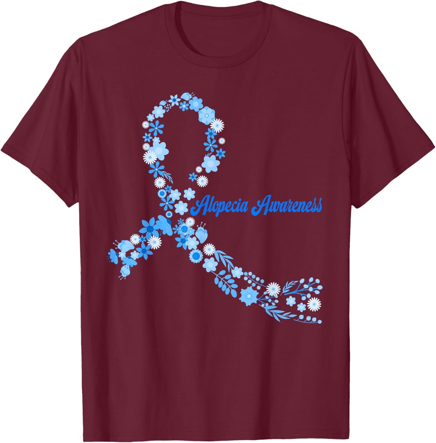 Alopecia Awareness Hippie Flower Blue Ribbon Support T-Shirt - T-Shirt | Maroon