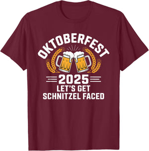 Oktoberfest 2025 Let's Get Schnitzel Faced Bavarian Party T-Shirt - T-Shirt | Maroon