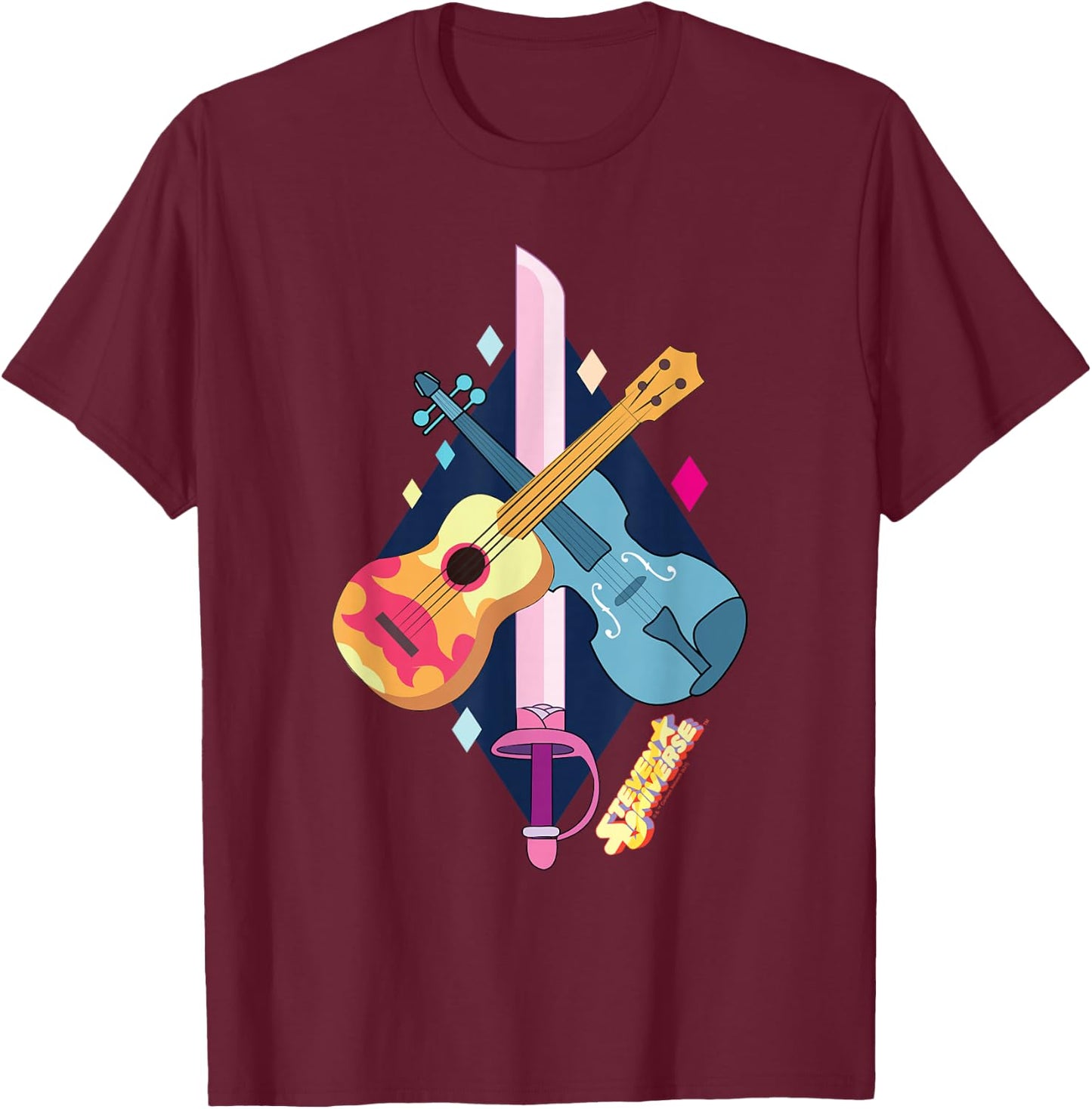 Steven Universe Rose Quartz Swords and Guitars T-Shirt - T-Shirt | Maroon