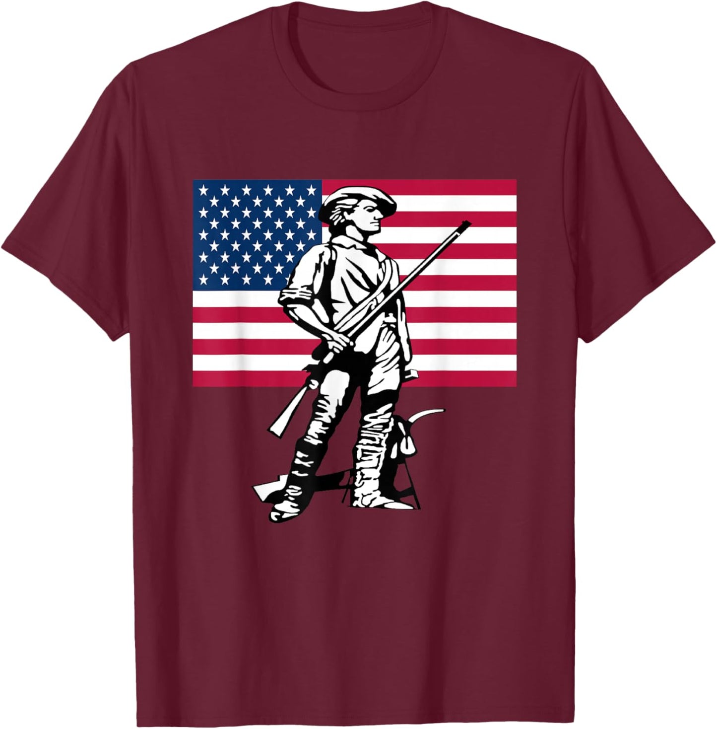 Minute Man Statue with American Flag Backdrop T-Shirt - T-Shirt | Maroon