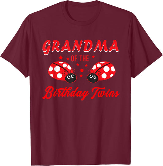 Grandma Of The Birthday Twins Ladybug Birthday Of Twin Girls T-Shirt - T-Shirt | Maroon