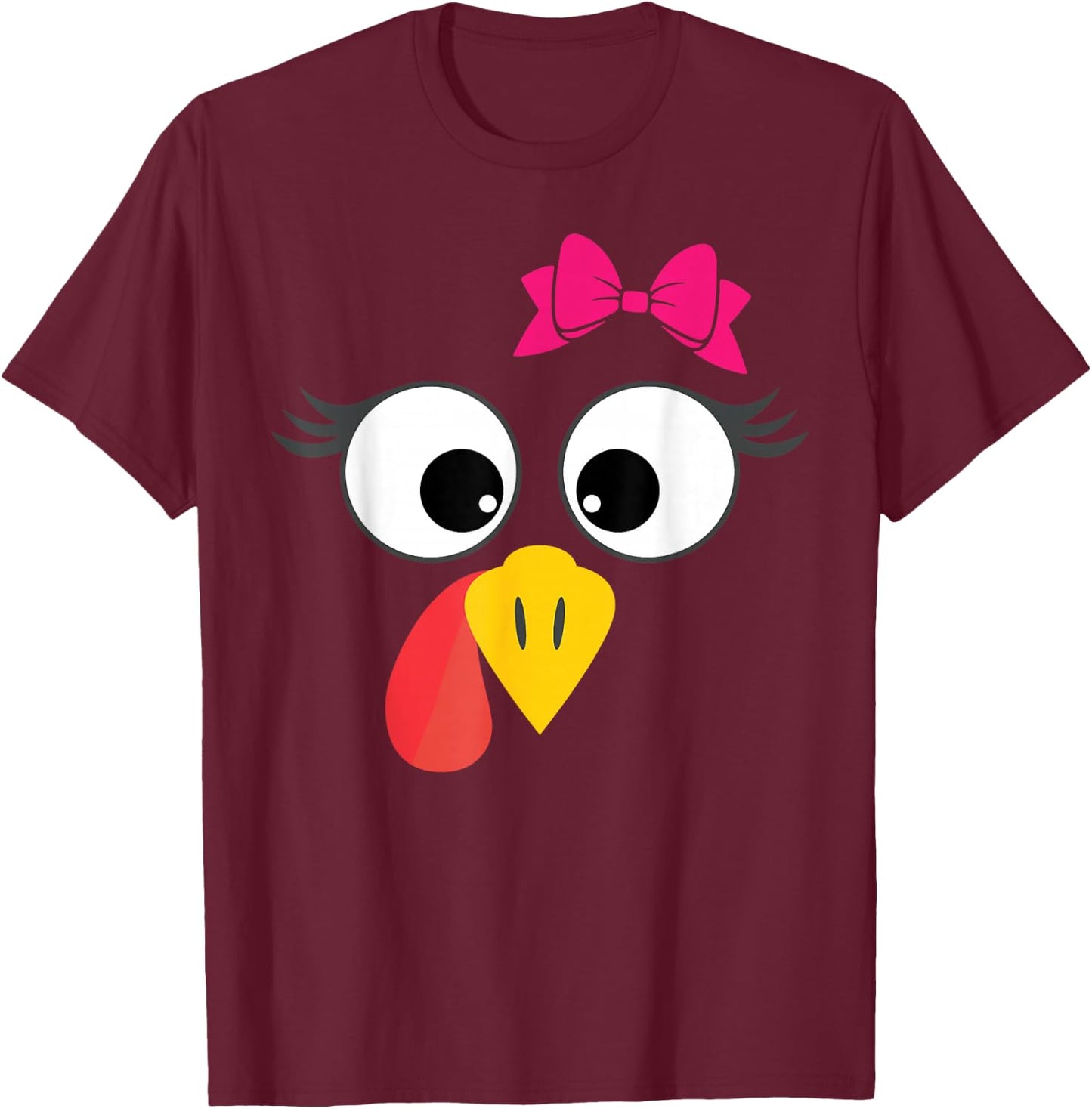 Turkey Face Girl Cute Bow Thanksgiving T-Shirt - T-Shirt | Maroon