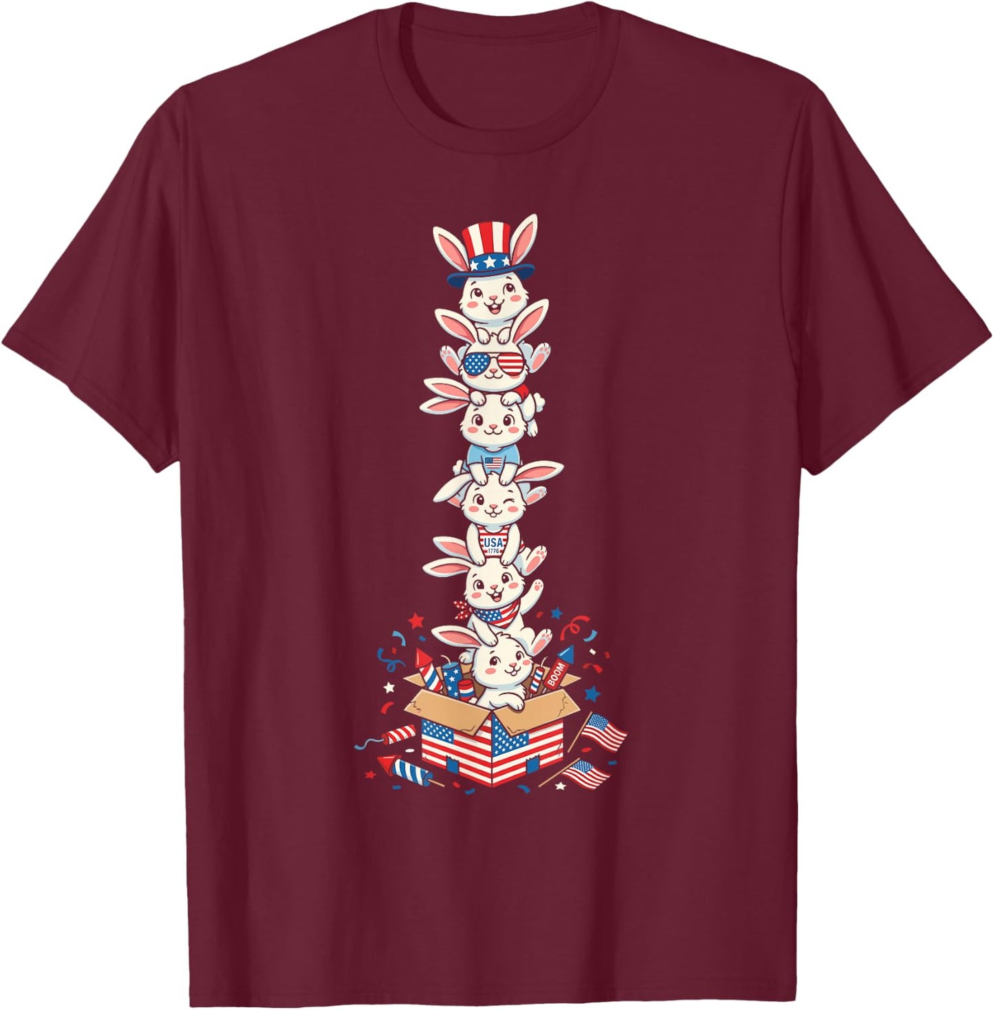 Funny Rabbit American USA Flag Memorial Day 4th of July T-Shirt - T-Shirt | Maroon