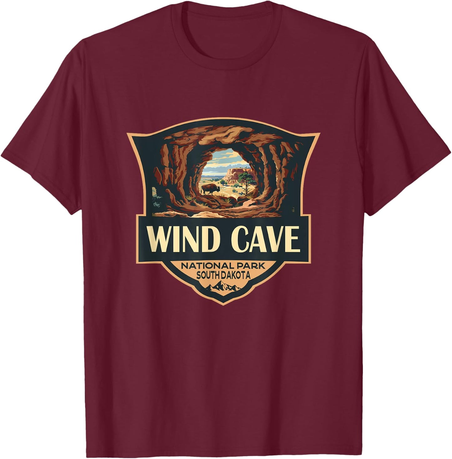 Wind Cave National Park Illustration Retro Badge T-Shirt - T-Shirt | Maroon