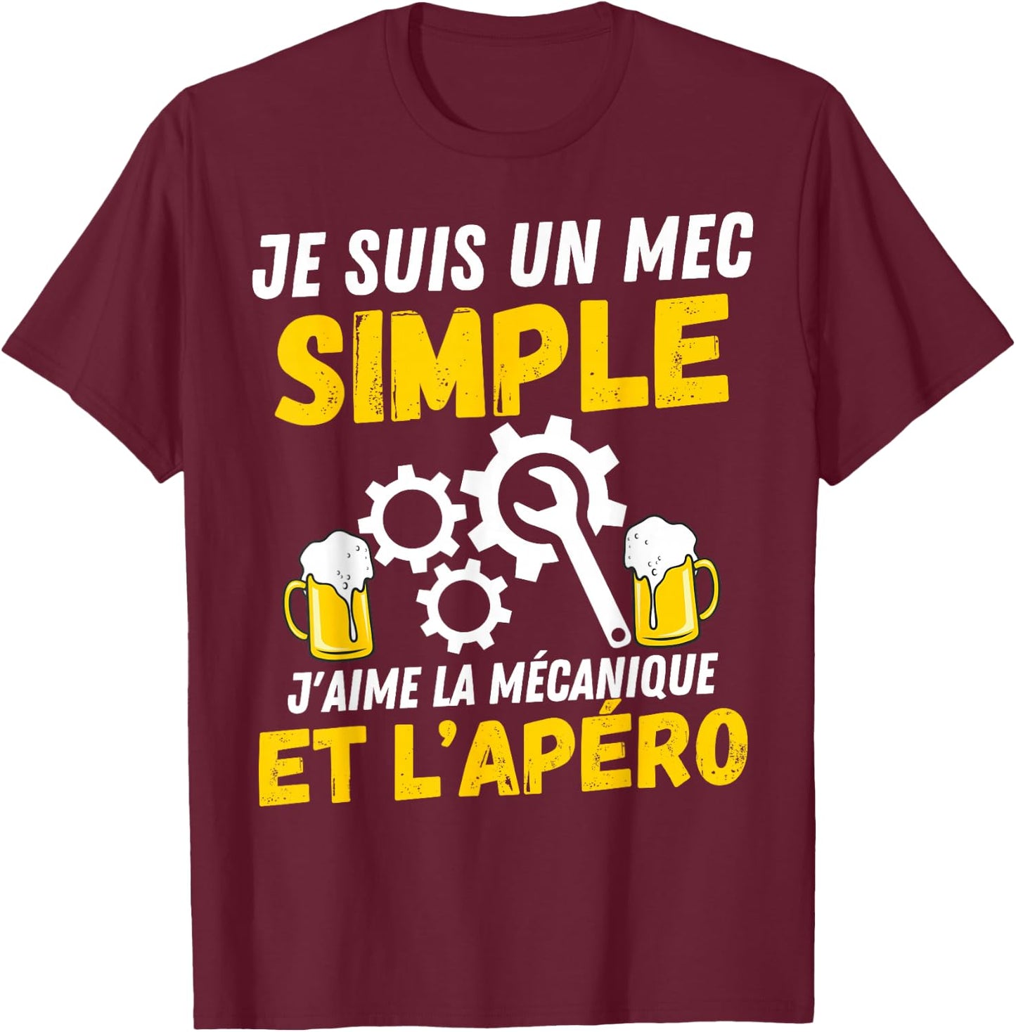 Simple guy J'aime meçanique apèro mechanic humour mechanic , Black, S T-Shirt - T-Shirt | Maroon