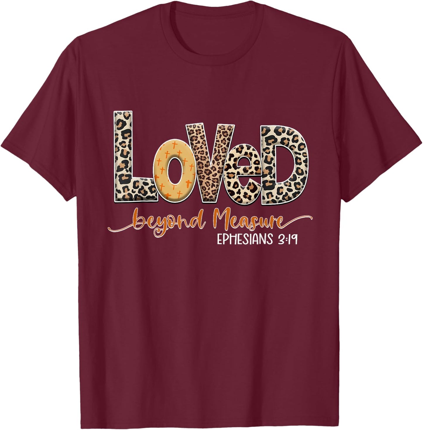 Love in Faith Beyond Measure Christian Women Leopard Cross T-Shirt - T-Shirt | Maroon